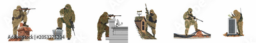 Konstfotografi Vector Illustration Set of Military Snipers in Ghillie Suits Positioned on Urban