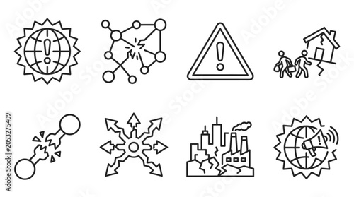 Foto Global Crisis Icons: Warning, Disaster, Earthquake, Pollution, Network Failure