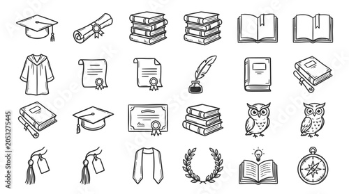 Cuadro en lienzo Education and Graduation Icons Set: Books, Caps, Diplomas, Owls, Laurel Wreath