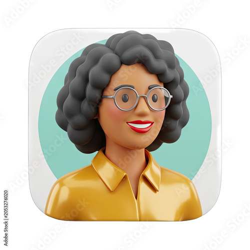 3D Avatar of a Smiling Woman with Curly Hair and Glasses