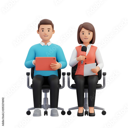 3D cartoon man and woman with tablet and microphone