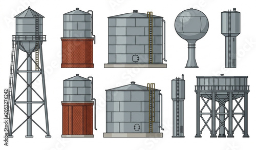 Quadro su tela Industrial Water Towers Set Red Brick and Steel Storage Tank Vector Collection