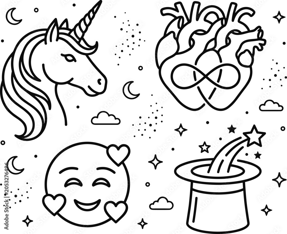 Obraz premium Magic fantasy and emotional love icons set with unicorn heart infinity symbol and magician hat vector design