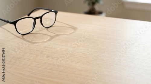 Black rimmed glasses on a minimalist wooden desk with copy space, ideal for professional business presentations, healthcare websites, and office-themed social media marketing