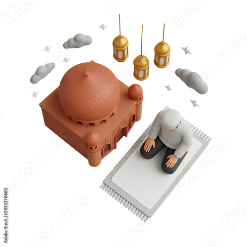 3D Isometric Man Praying at Mosque with Lanterns and Clouds