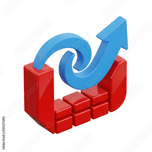 3D Red Bar Chart with Blue Upward Arrow