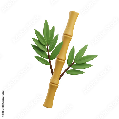 3D render of a bamboo stalk with green leaves on a transparent