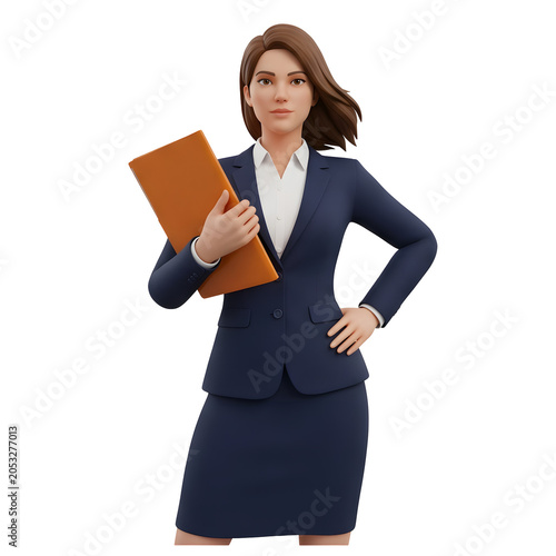 3D render of a businesswoman in a suit holding a folder