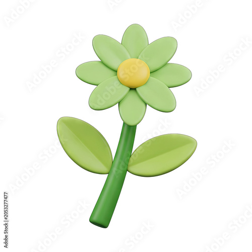 3D Render of a Simple Green Flower with Yellow Center and Leaves