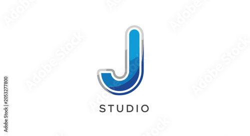 Modern studio logo design with letter j in blue and silver