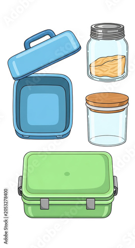 Lunch box and glass jars food storage.