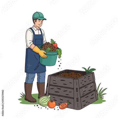 Man holding compost bucket outdoors.