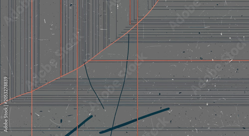 Abstract Geometric Graphic Composition with Minimalist Orange Lines and Subtle Distressed Texture on a Dark Slate Grey Backdrop