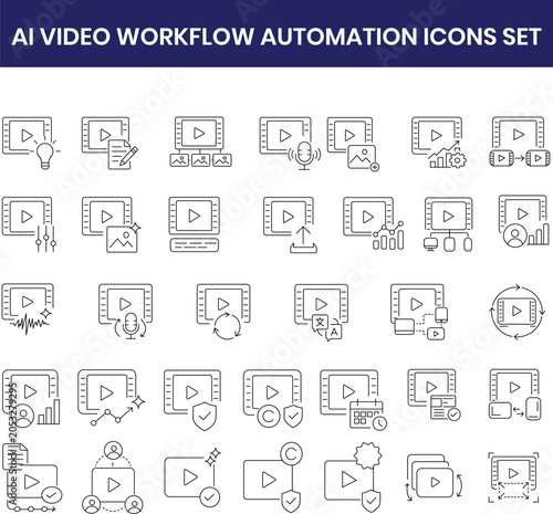 AI Video Workflow Automation Icons Set for Digital Media Editing, Streaming, Content Creation, Video Production, Media Management, Technology UI Design