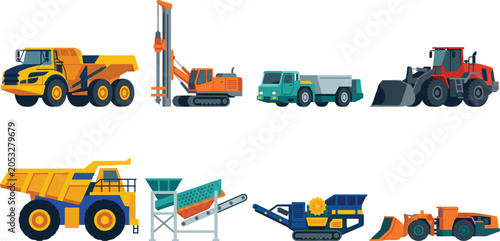 Bild auf Leinwand Comprehensive collection of industrial mining equipment icons featuring haul tru