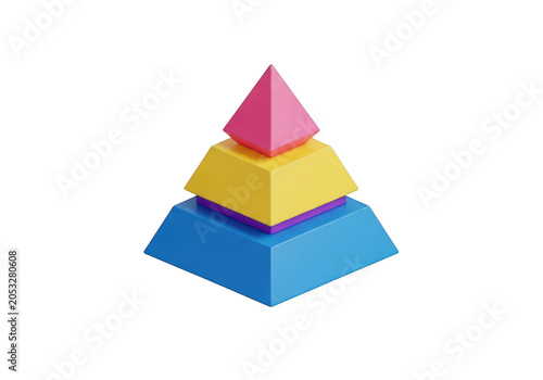 3d icon of a colorful 3d rendered pyramid chart with three levels, isolated on transparent background