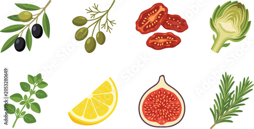 Foto Premium Mediterranean Food Vector Illustration Set with Olives Artichoke Fig and