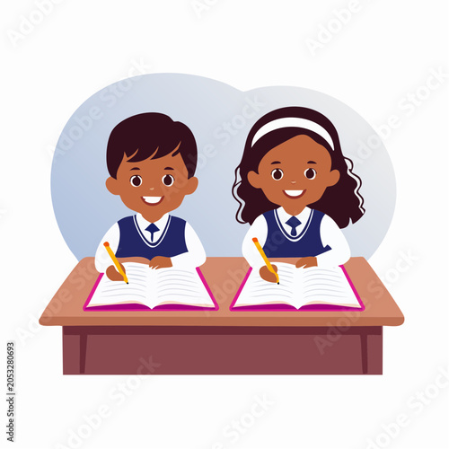 Children in School Uniforms Studying at Desks