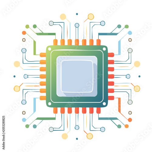 Flat design illustration of a computer chip with circuit connections
