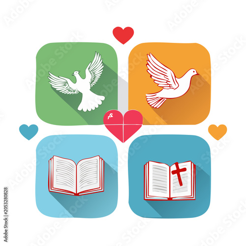 Flat design icons of dove and bible with hearts