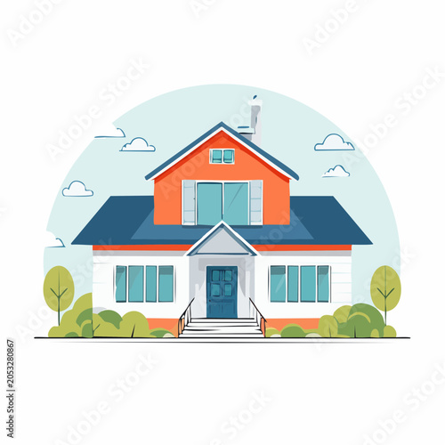Illustration of a Modern House with Blue Door and Orange Accents