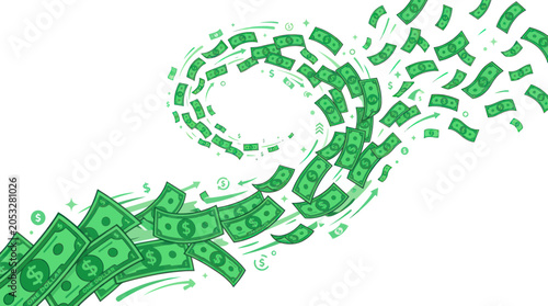 Money Flowing and Swirling - Abstract Green Dollar Bills on White Background