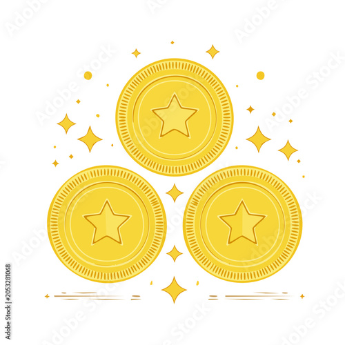 Three gold coins with stars and sparkles