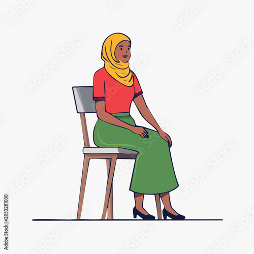 Woman wearing hijab and modest clothing sitting on a chair