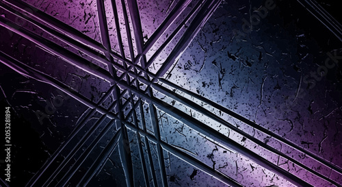 Abstract metallic background with intersecting lines and textured surface in purple and blue hues