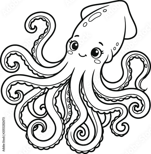 Foto Cute Happy Squid Outline for Kids Coloring Book