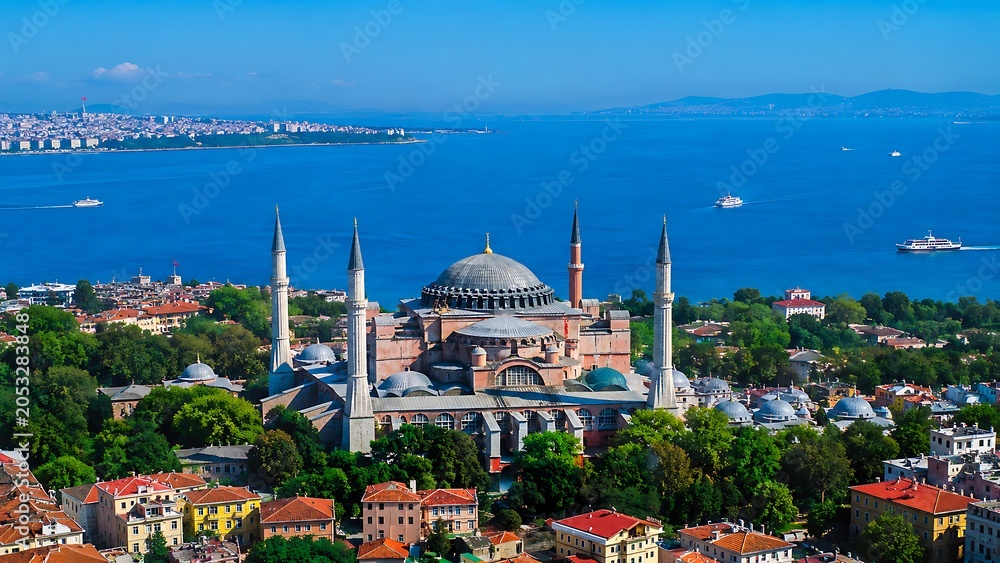 Fototapeta premium Aerial panoramic view of historic mosque with domes and minarets by blue sea coastline in sunny day