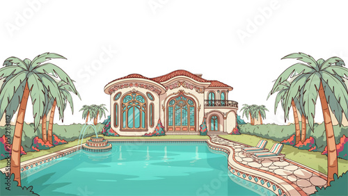 Fotografía Colorful cartoon illustration of small town buildings and houses on a green hill