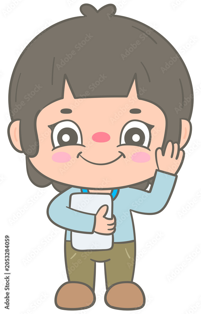 Fototapeta premium Cute city boy character waving hand for urban life streetscape