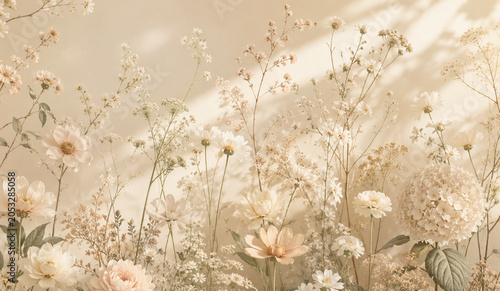 Neutral Wildflower Wallpaper with Soft Cream and Blush Blossoms