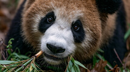 Endearing Panda Relishing Bamboo Stalk in Lush Green Habitat, Exuding Contentment and Playfulness in a Tranquil Surrounding