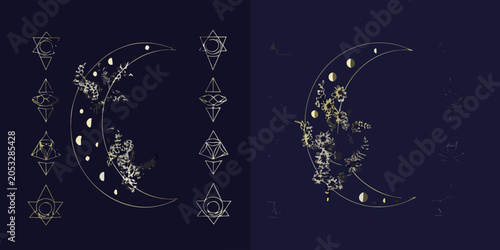 Floral ornament with crescent moon and geometric shapes gold line art