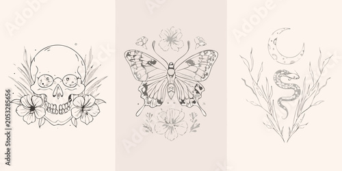 Obraz na płótnie Floral skull butterfly and serpent triptych line art illustration