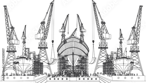Photography Industrial Shipbuilding Plant Line Art Illustration with Dry Dock, Cargo Vessel