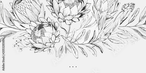 Protea Floral Arrangement Black And White Vector Illustration