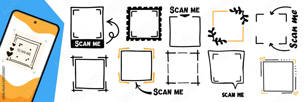 Fototapeta premium Set of hand drawn QR Scan Me stickers with playful doodle arrows, frames and labels for websites, apps and mobile access.
