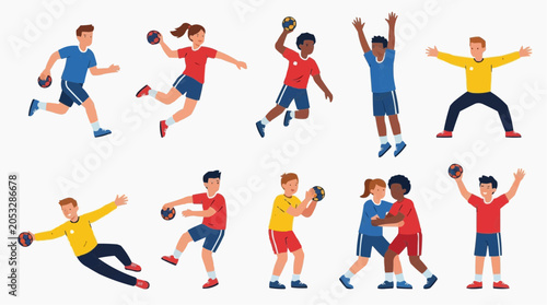 Handball players diverse group in action poses with ball on white background