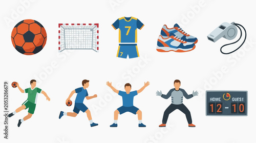 Handball Sport Equipment and Players Flat Design Icons Set