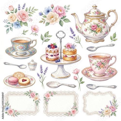 Elegant vintage floral tea set with pastries including teapot cups and decorative labels