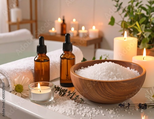 Relaxing spa scene showing self-care. It features candles, a wooden bowl of salt, oil bottles, and a fluffy towel
