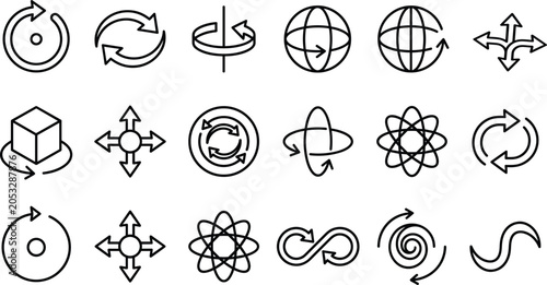 Foto Rotation and orientation vector line icon set featuring 3D movement arrows infin