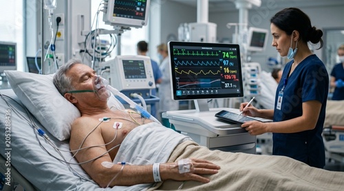 Nurse monitoring patient vital signs with AI-powered bedside technology in ICU.