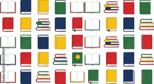 Quadro su tela Colorful book vector mega set with open and closed hardcovers stacked textbooks