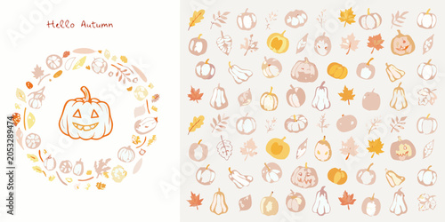 Tableau sur toile Autumn themed watercolor pumpkins leaves and gourds collection