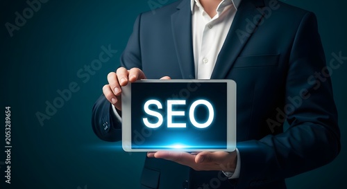 Seo optimization concept businessman presenting digital tablet with seo text