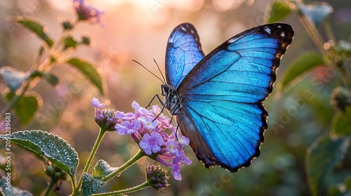 Blue butterfly resting on purple flowers in nature